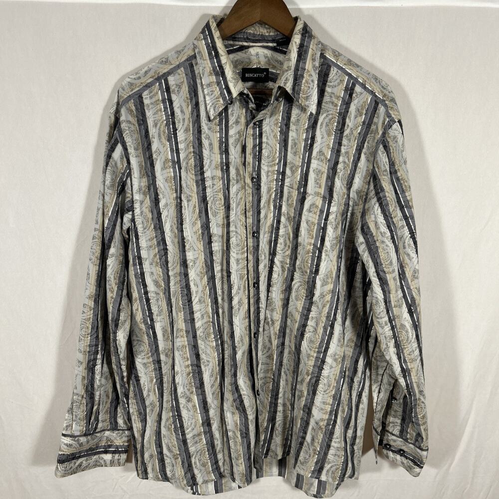 Riscatto Italia Men’s L Long Sleeve Button Down Shirt Gray Beige Abstract Stripe